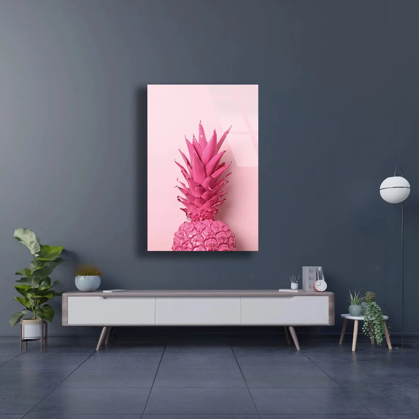 Pembe Boyalı Ananas Cam Tablo