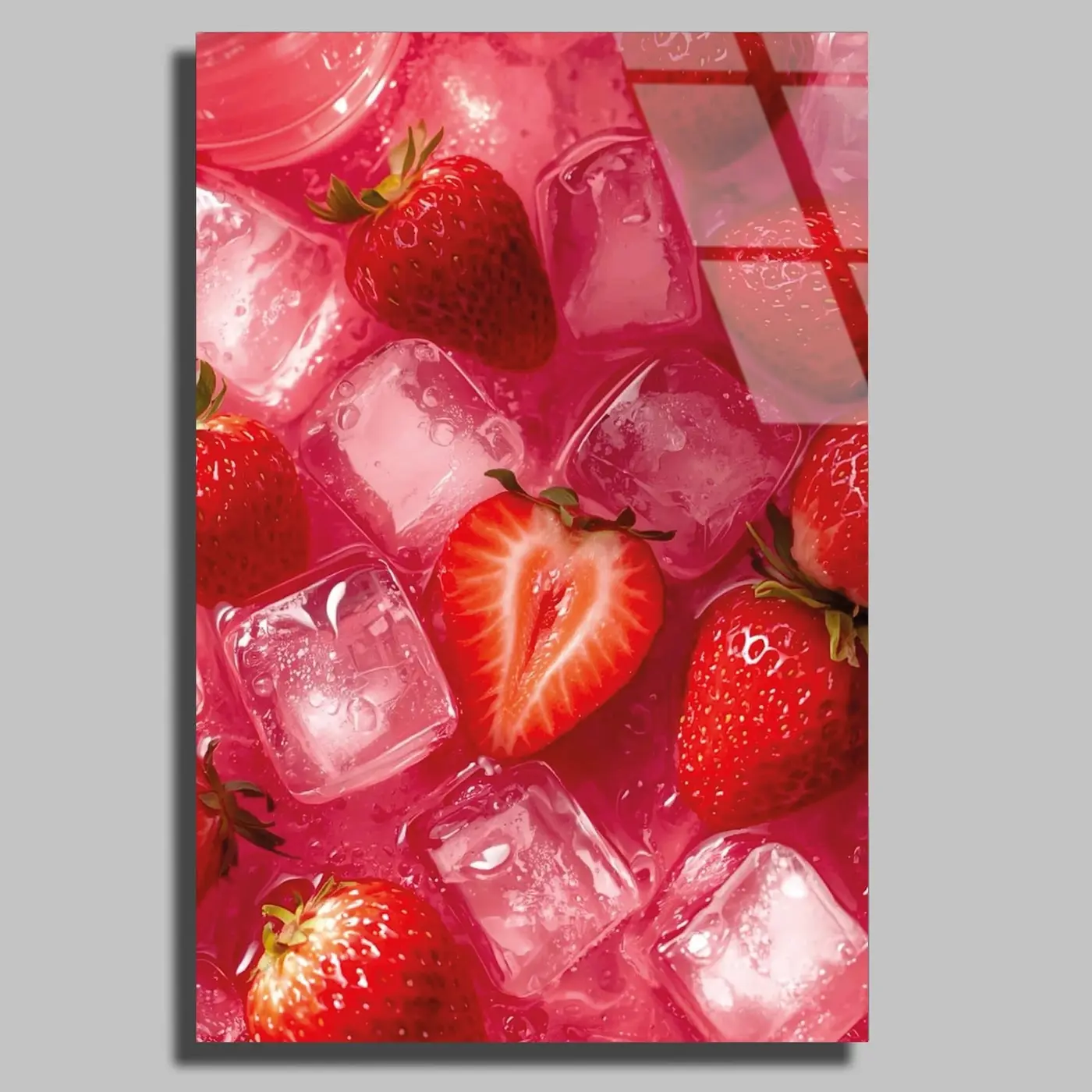 Buzlu Pembe Çilek Cam Tablo