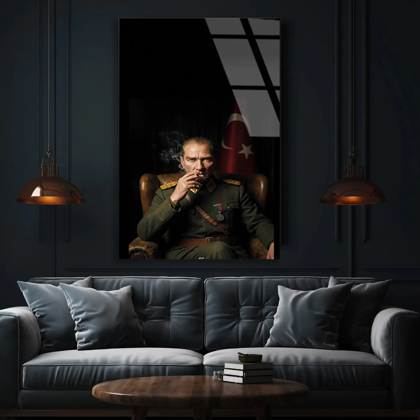 Atatürk Üniformalı Türk Bayrağı Önünde Cam Tablo