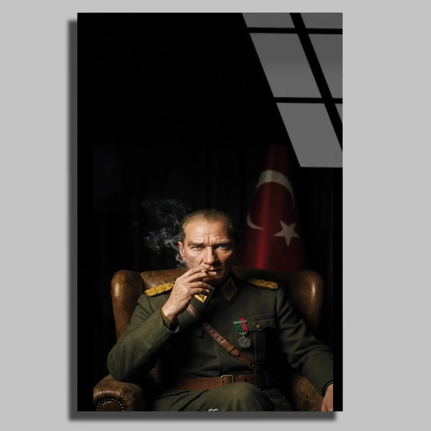 Atatürk Üniformalı Türk Bayrağı Önünde Cam Tablo