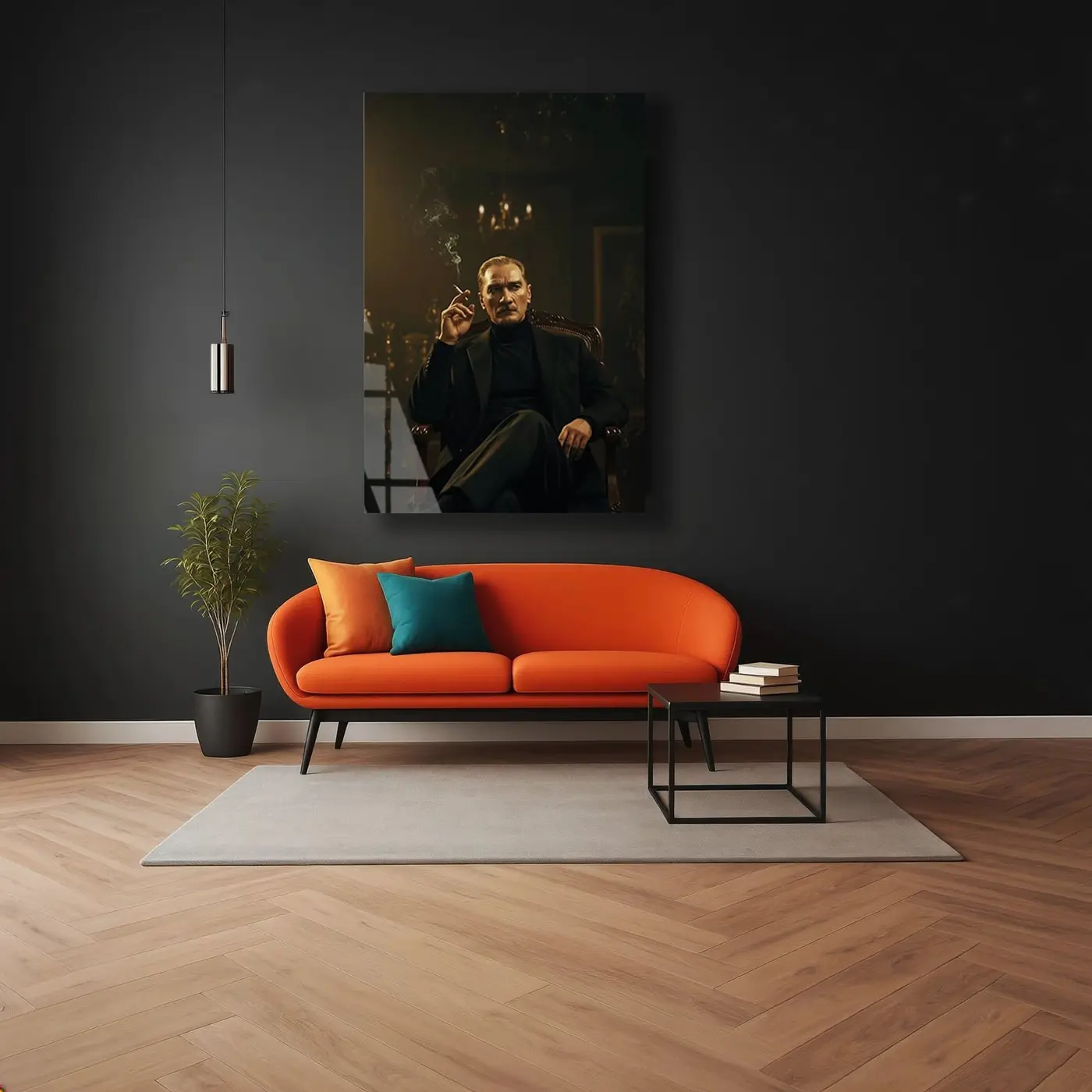 Atatürk Avizeli Salon Portresi Cam Tablo