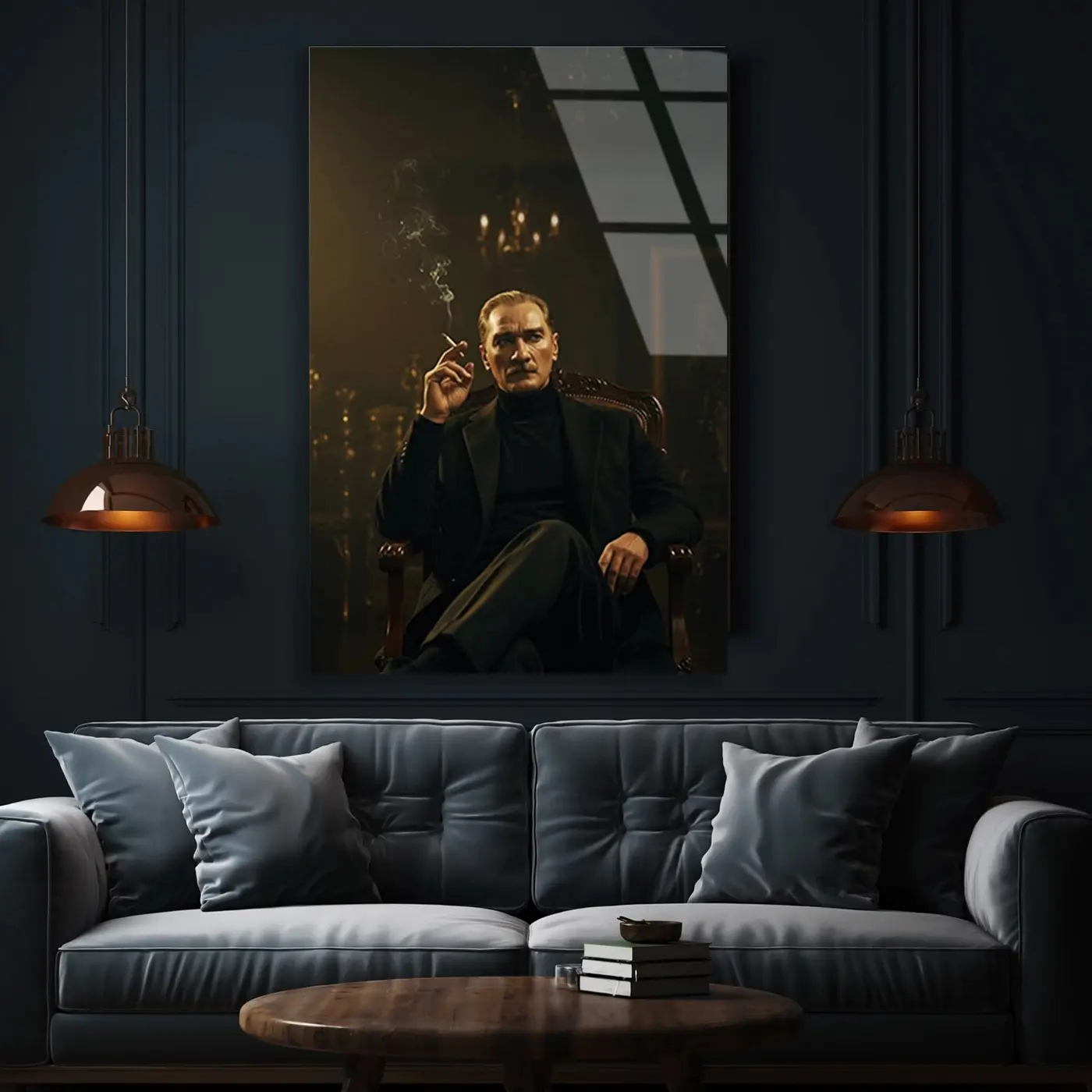 Atatürk Avizeli Salon Portresi Cam Tablo