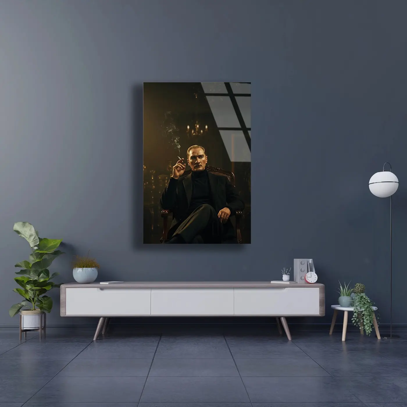 Atatürk Avizeli Salon Portresi Cam Tablo