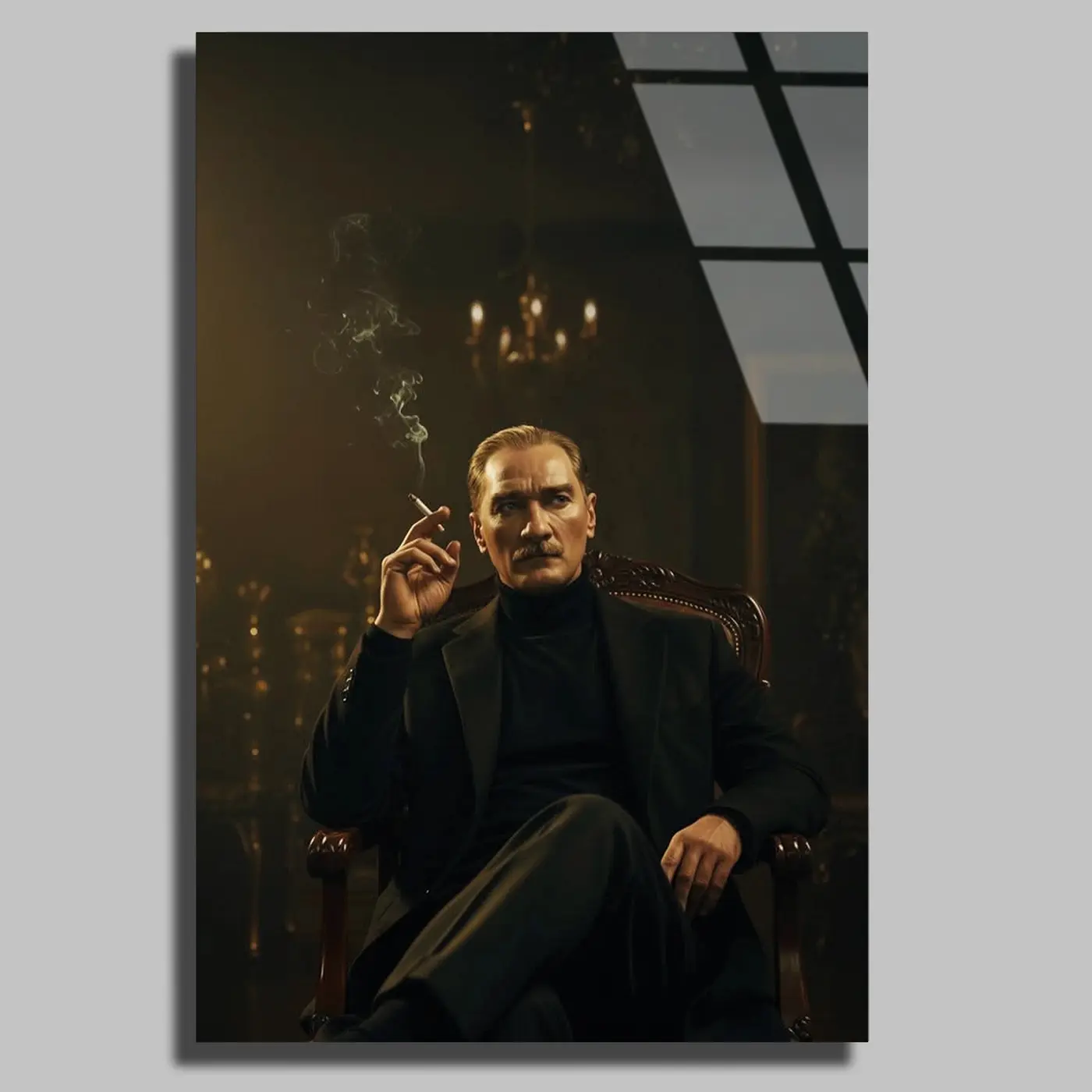 Atatürk Avizeli Salon Portresi Cam Tablo
