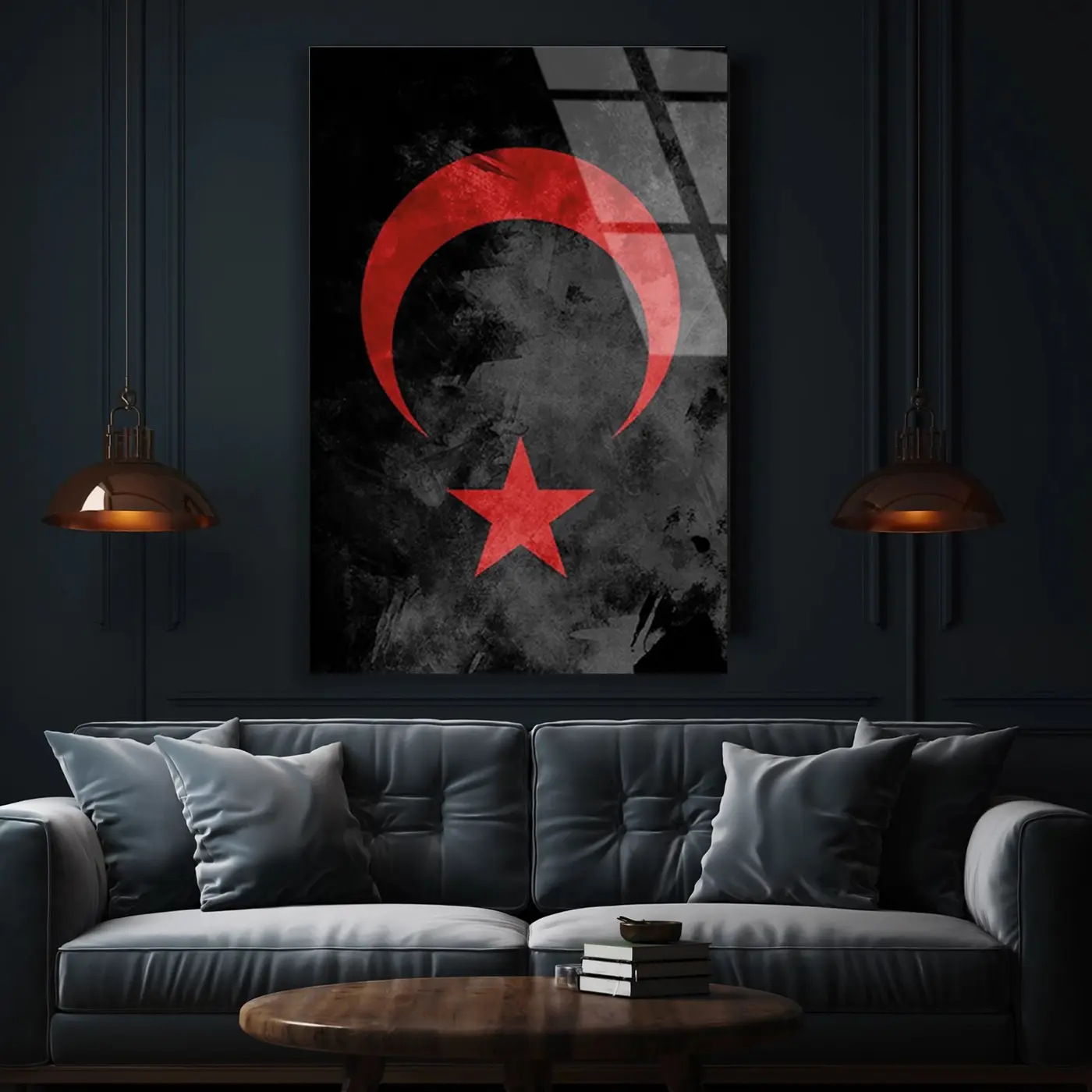 Kırmızı Ay Yıldız Soyut Cam Tablo
