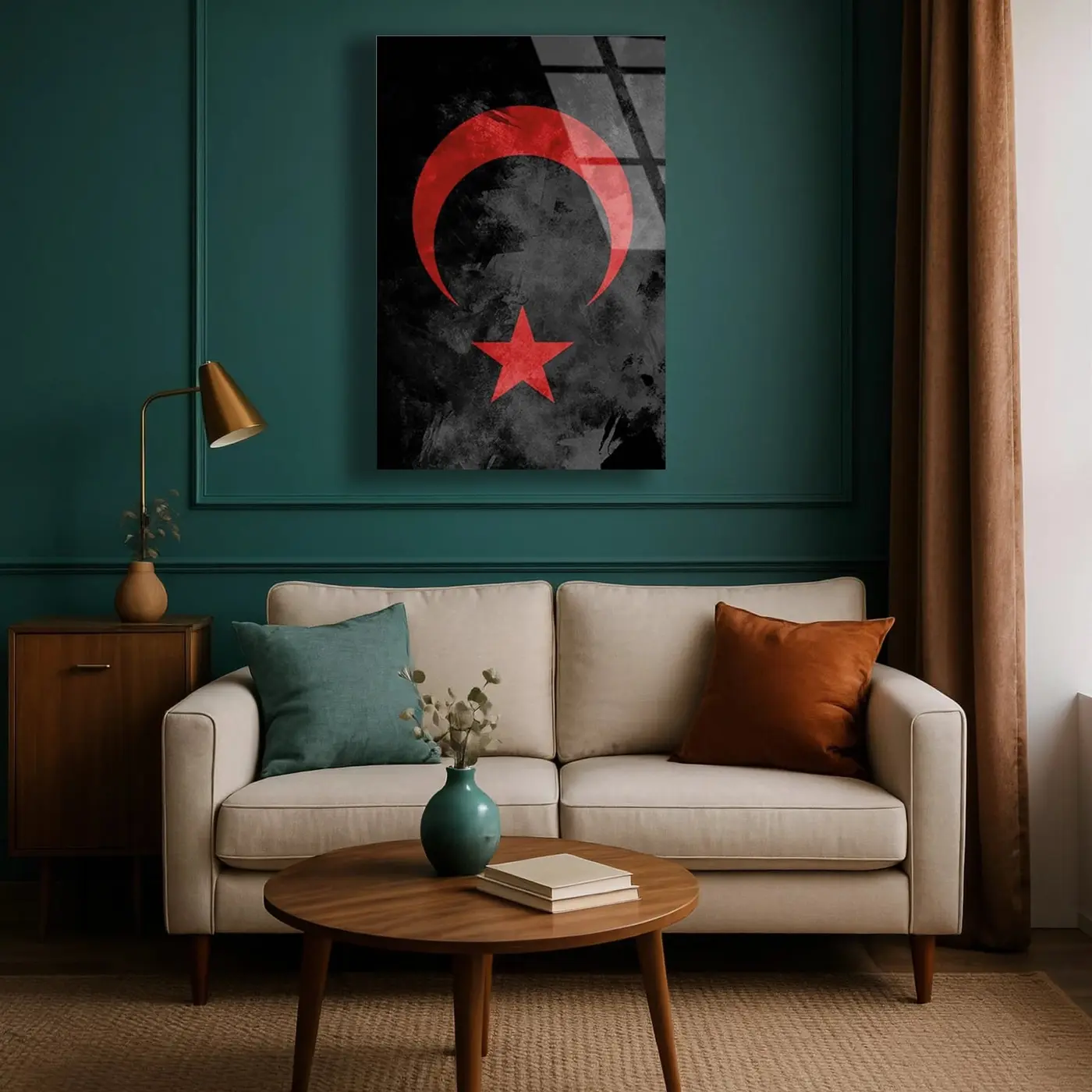 Kırmızı Ay Yıldız Soyut Cam Tablo
