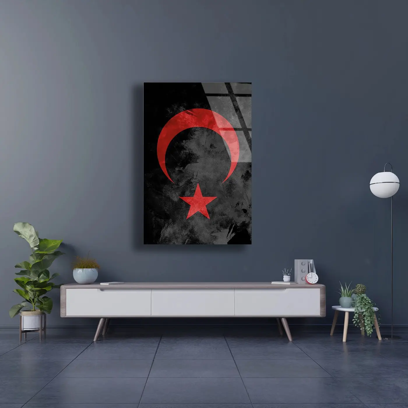 Kırmızı Ay Yıldız Soyut Cam Tablo