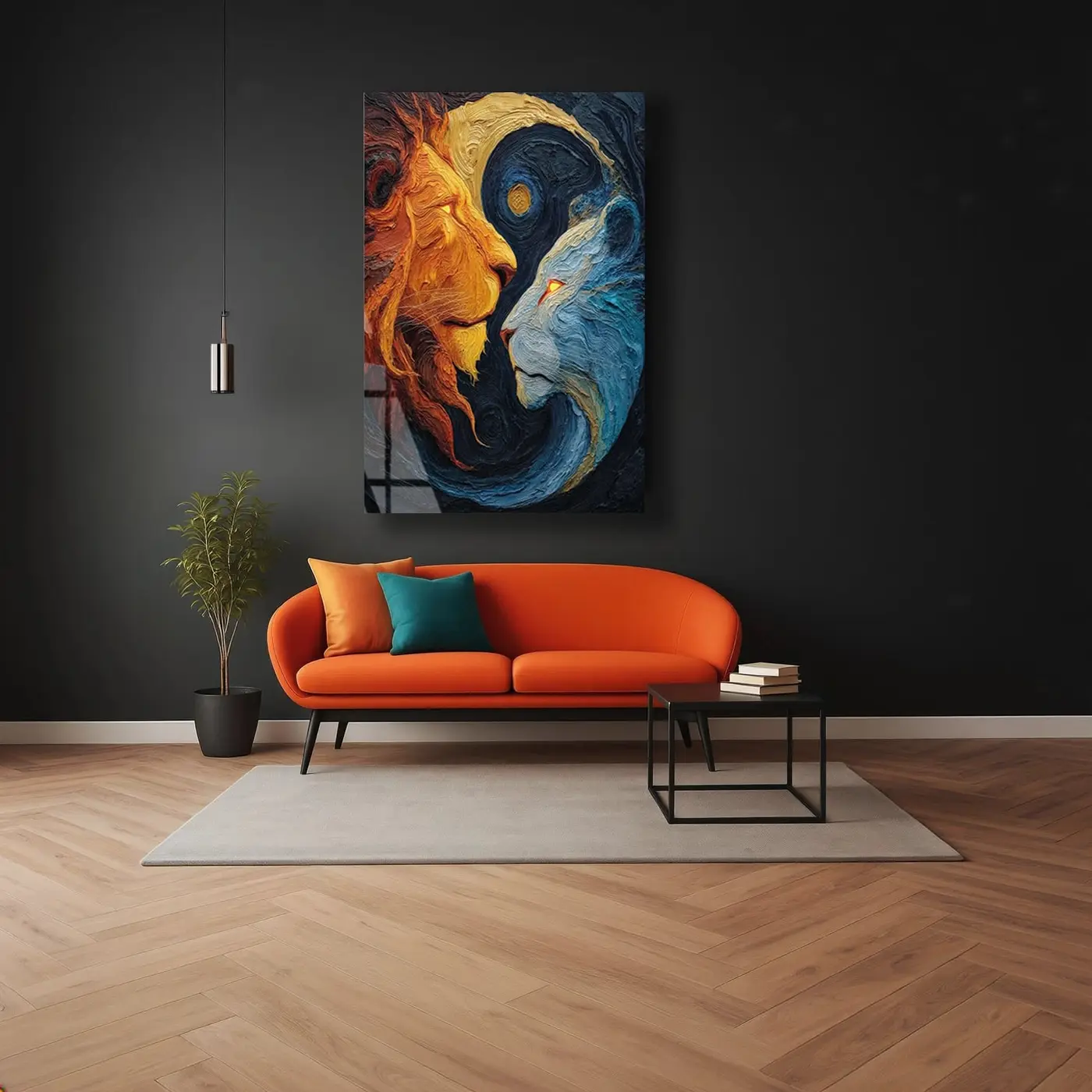 Yin Yang İki Aslan Sanat Cam Tablo