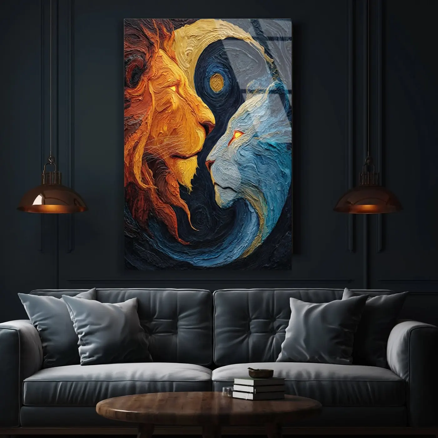 Yin Yang İki Aslan Sanat Cam Tablo