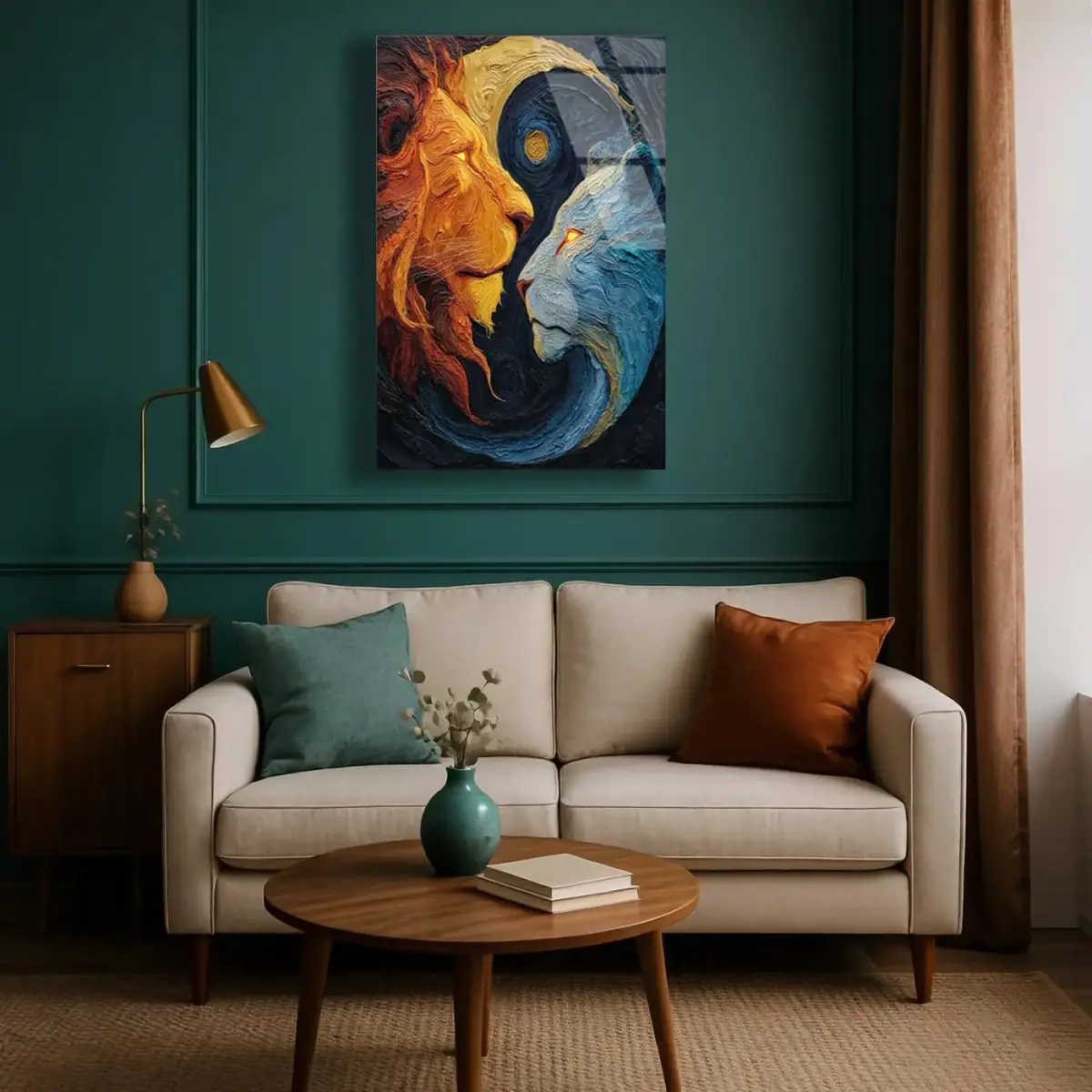 Yin Yang İki Aslan Sanat Cam Tablo