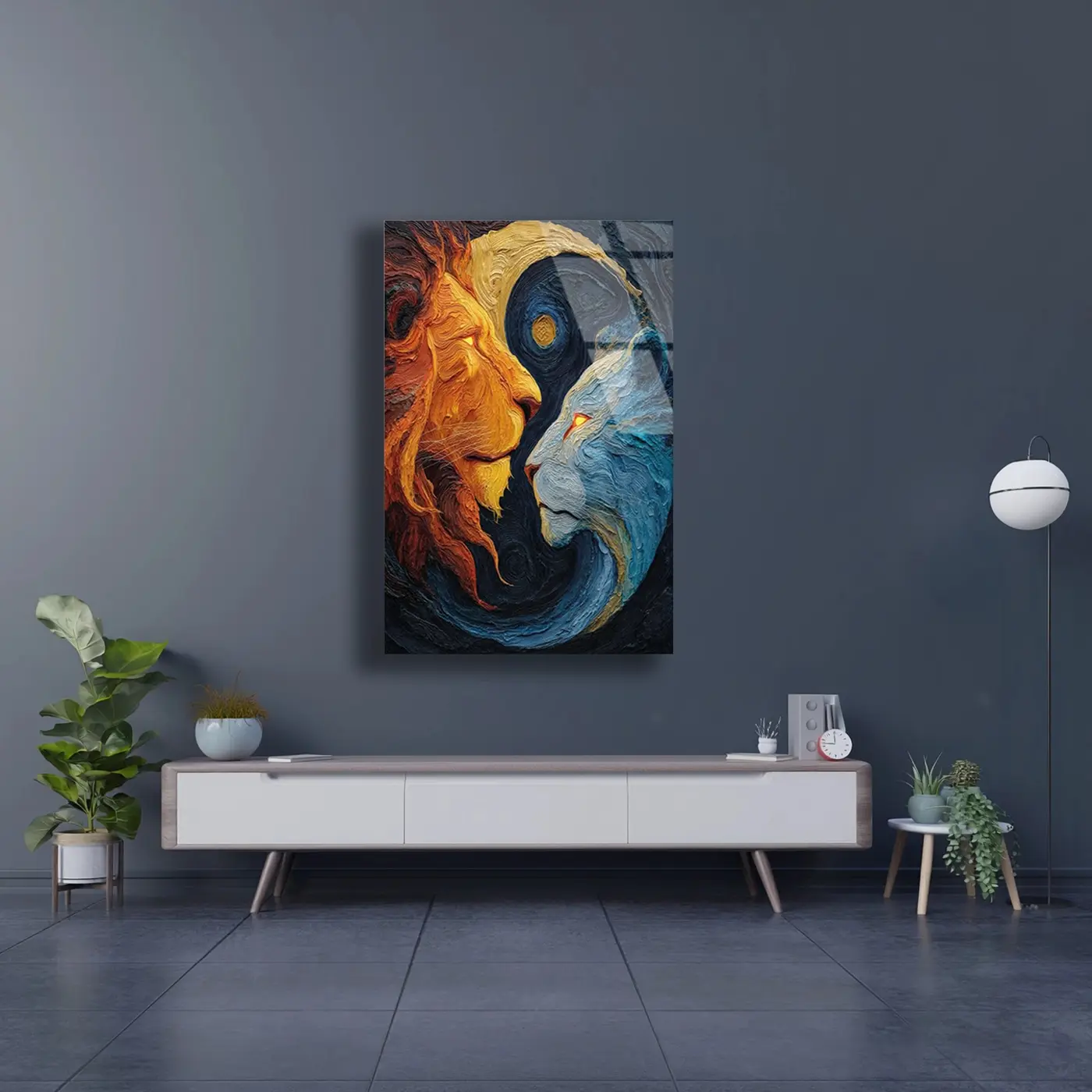 Yin Yang İki Aslan Sanat Cam Tablo