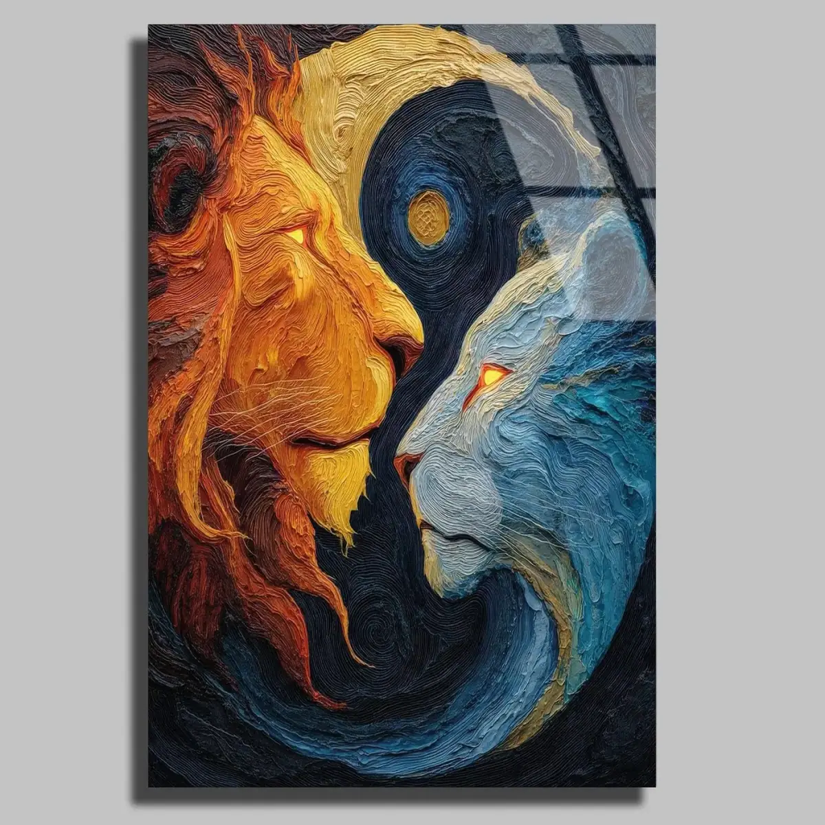 Yin Yang İki Aslan Sanat Cam Tablo