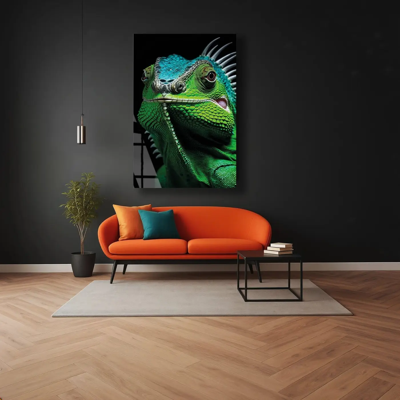 Yeşil İguana Yakın Çekim Cam Tablo