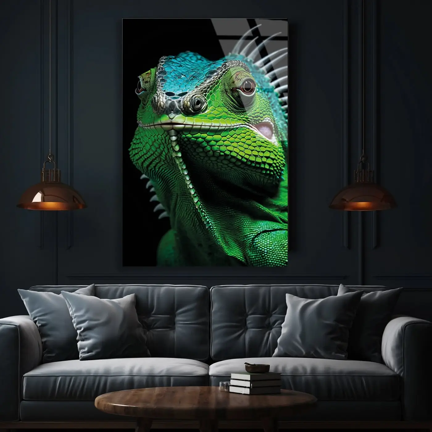 Yeşil İguana Yakın Çekim Cam Tablo