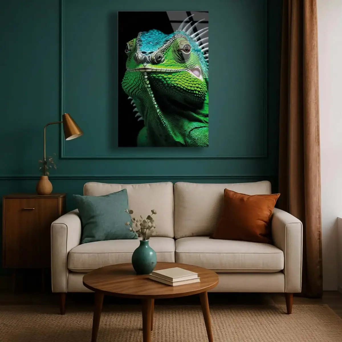 Yeşil İguana Yakın Çekim Cam Tablo