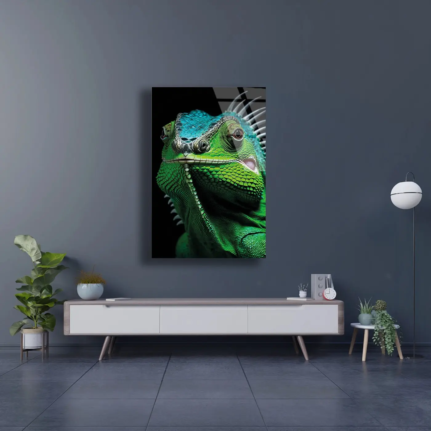 Yeşil İguana Yakın Çekim Cam Tablo