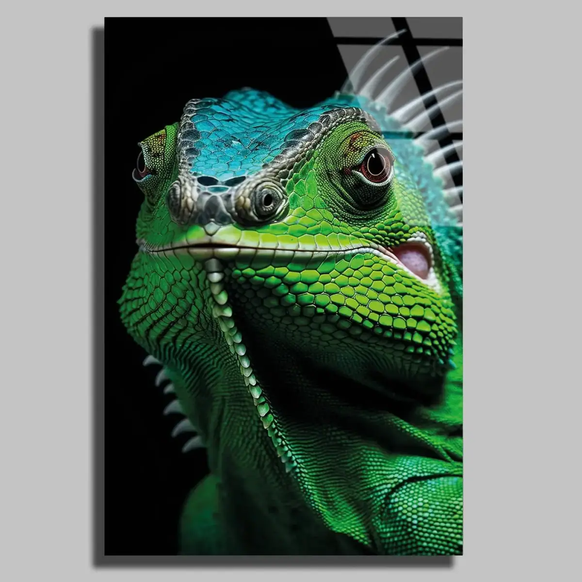 Yeşil İguana Yakın Çekim Cam Tablo