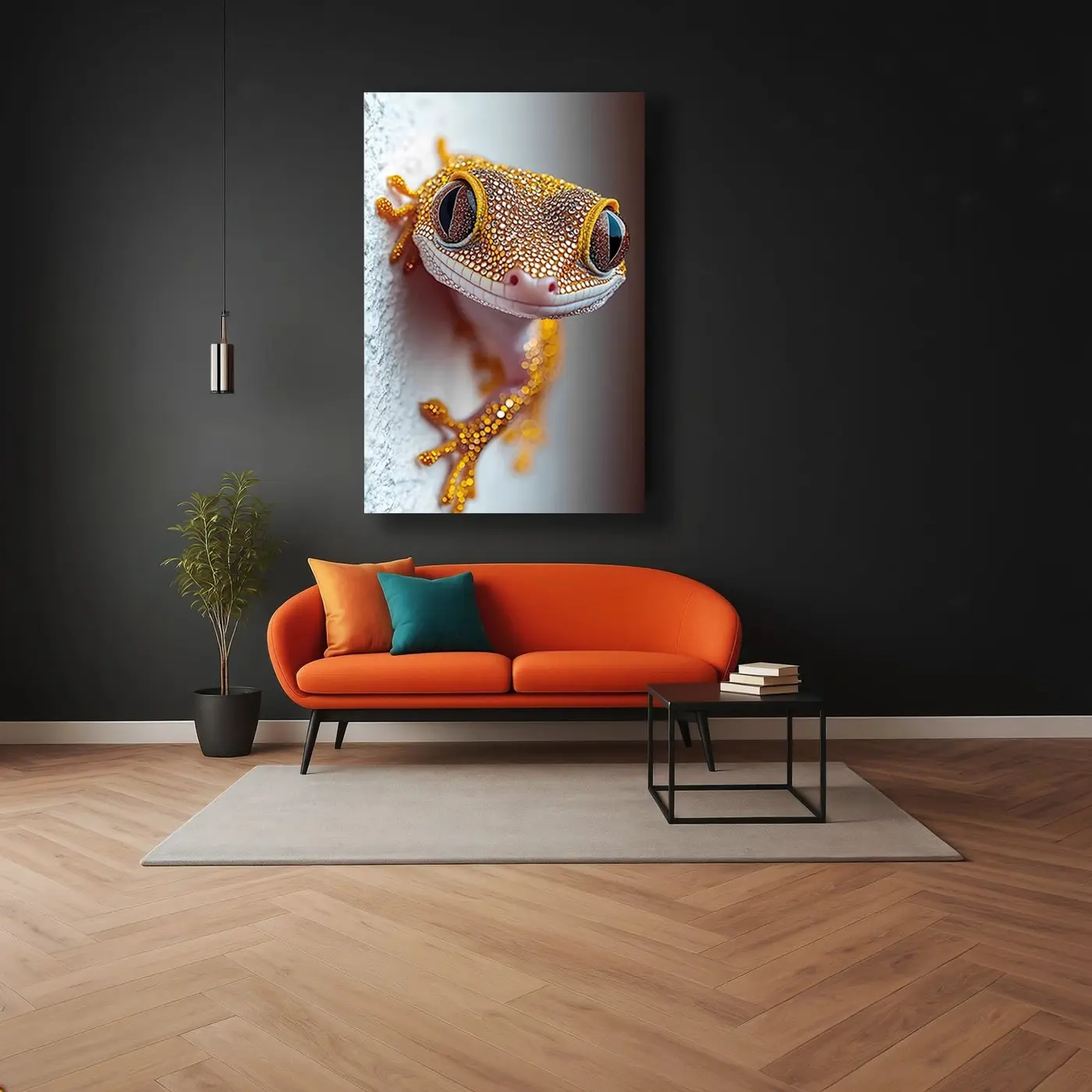 Gülümseyen Altın Gecko Cam Tablo
