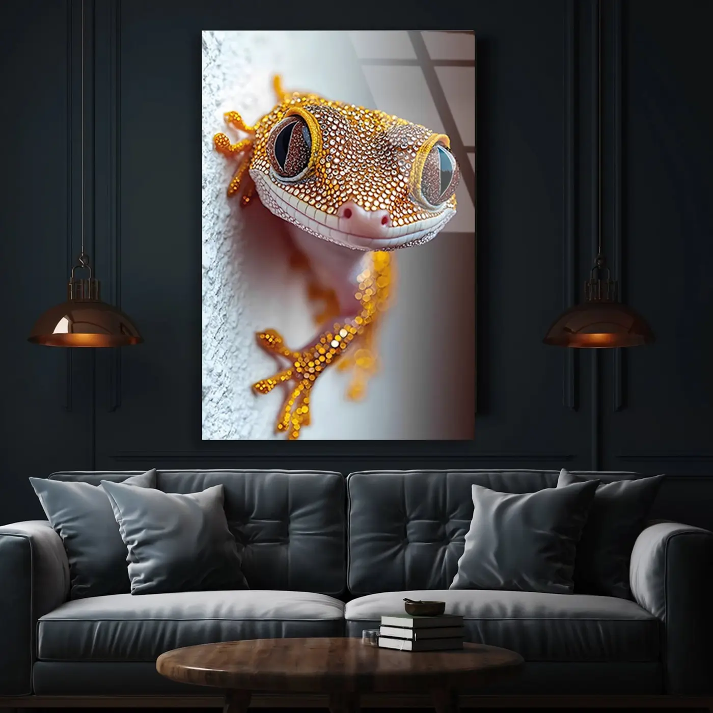 Gülümseyen Altın Gecko Cam Tablo