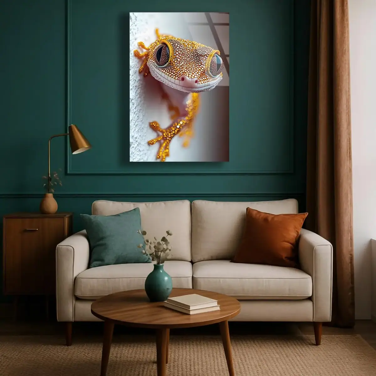 Gülümseyen Altın Gecko Cam Tablo