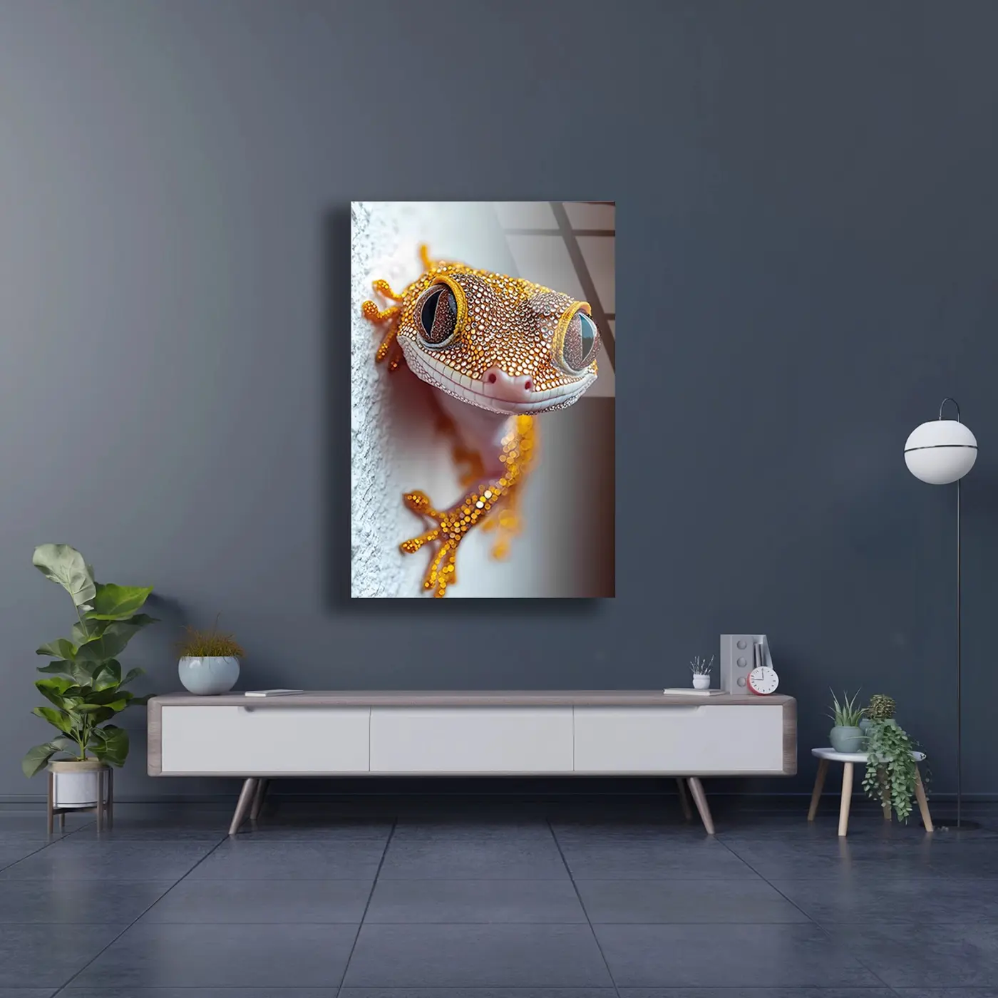 Gülümseyen Altın Gecko Cam Tablo