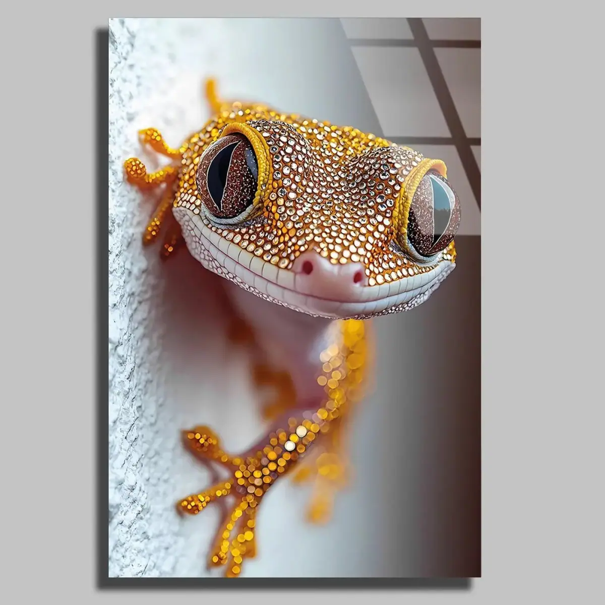 Gülümseyen Altın Gecko Cam Tablo