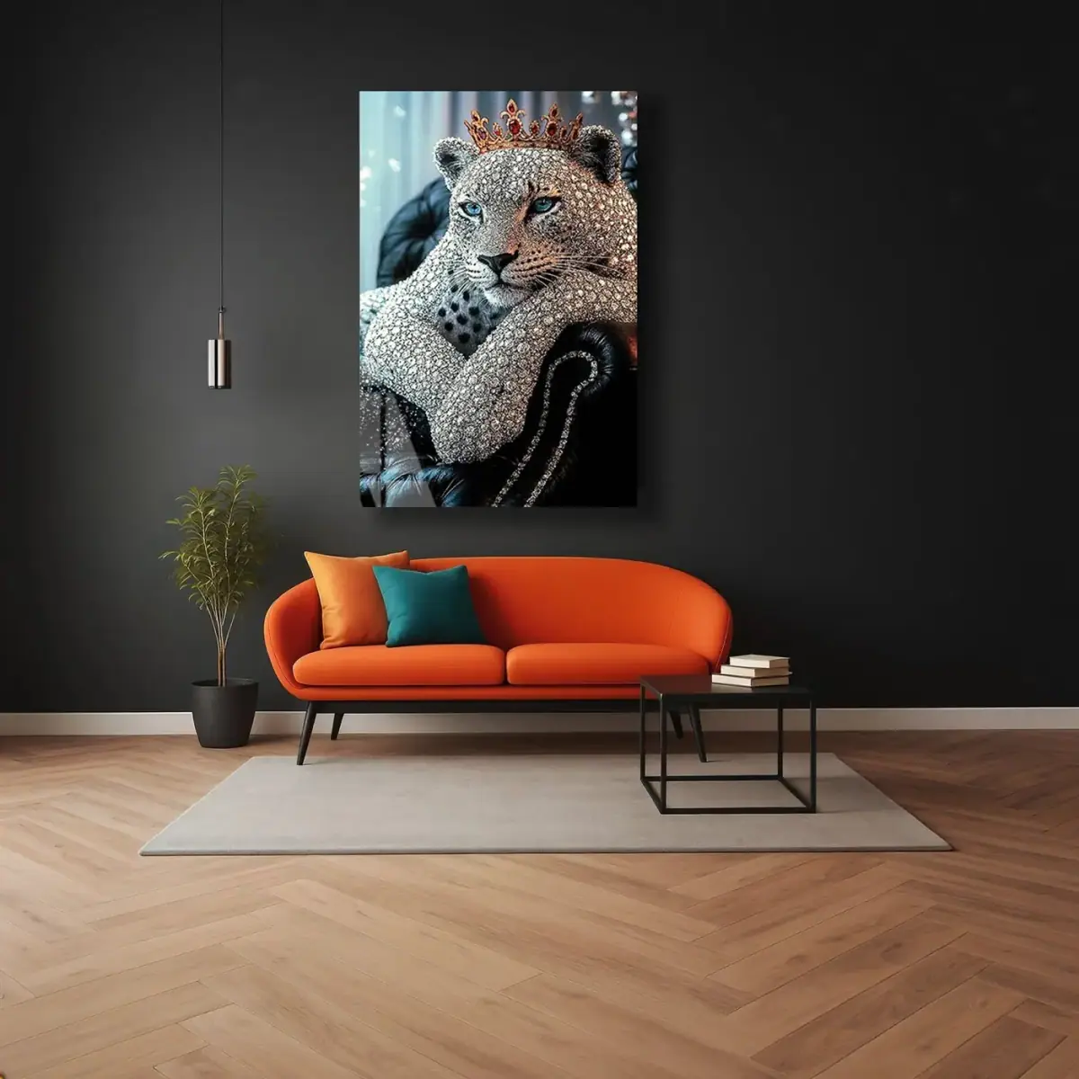 Elmaslı Taçlı Leopar Cam Tablo