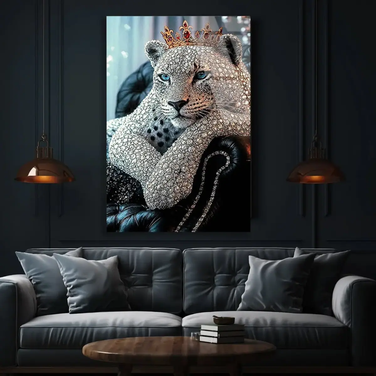 Elmaslı Taçlı Leopar Cam Tablo