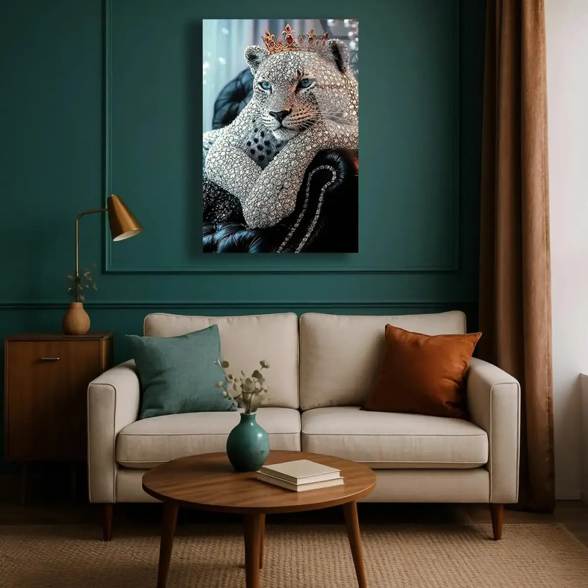 Elmaslı Taçlı Leopar Cam Tablo