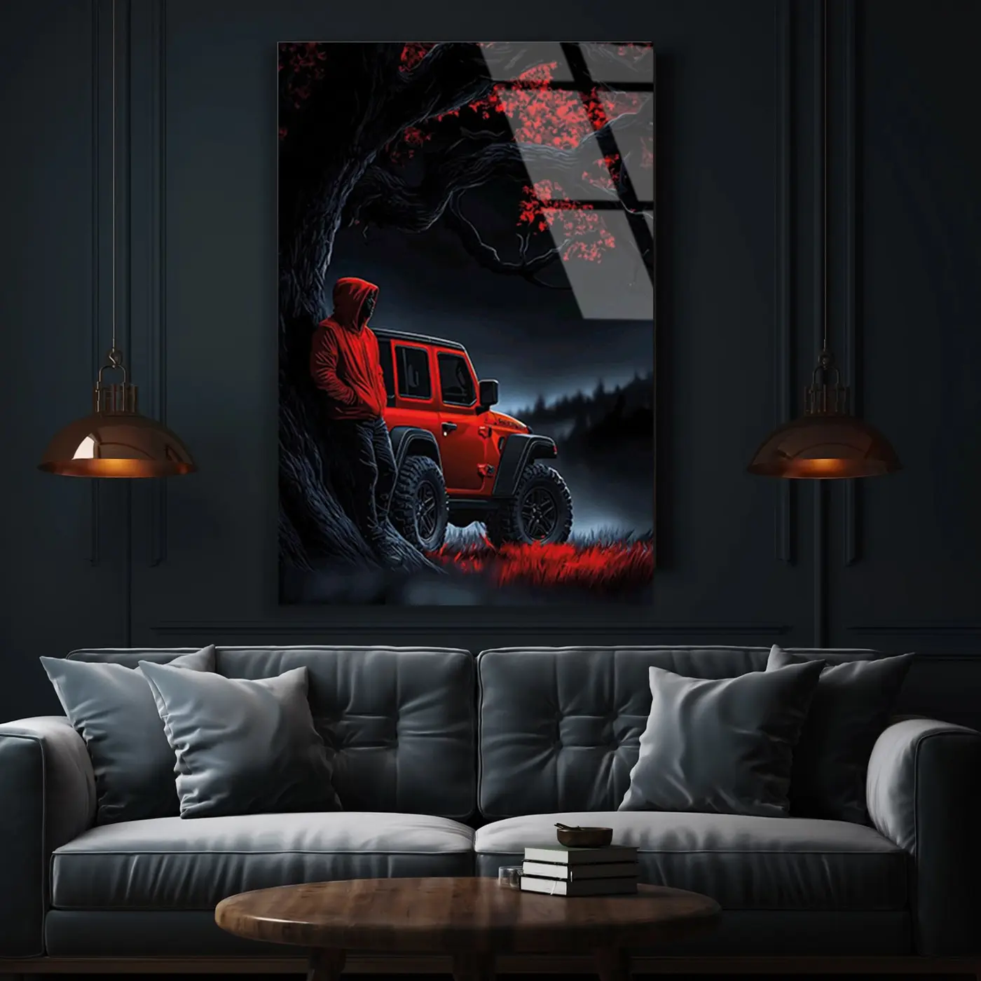 Kırmızı Jeep Gece Orman Cam Tablo