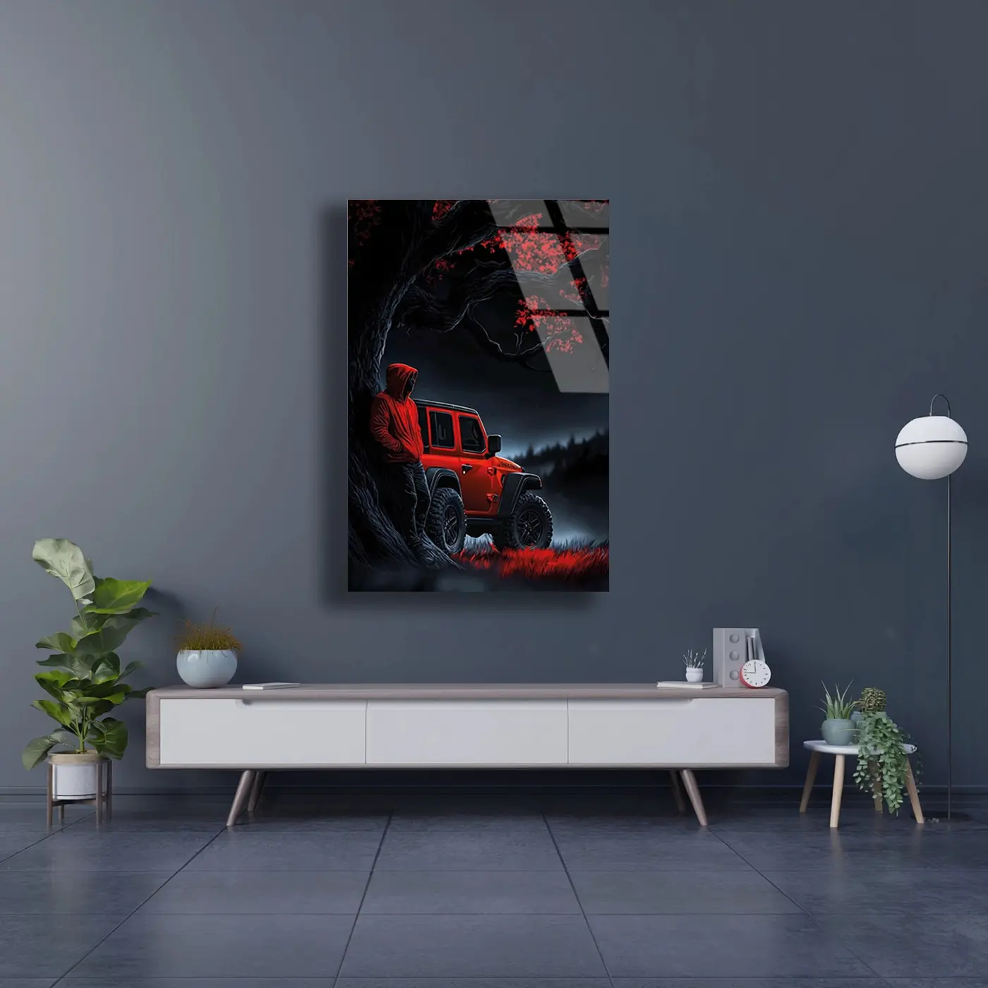 Kırmızı Jeep Gece Orman Cam Tablo