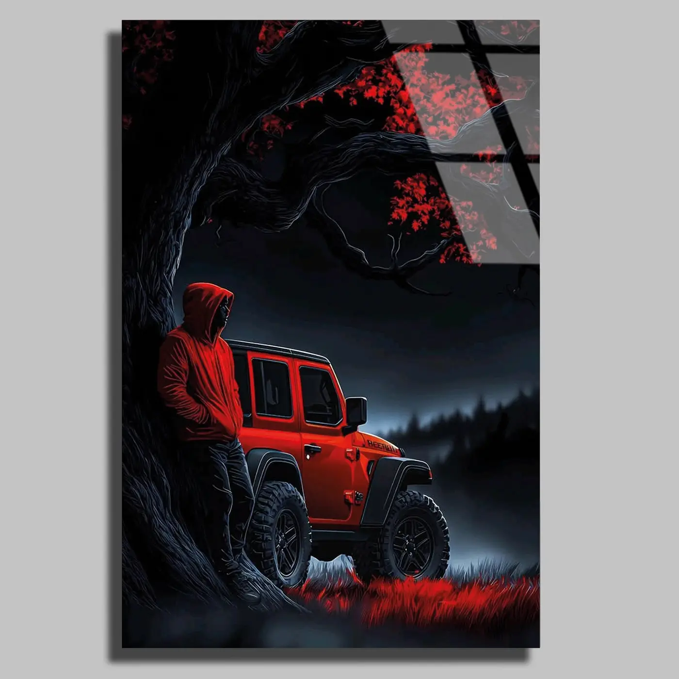 Kırmızı Jeep Gece Orman Cam Tablo