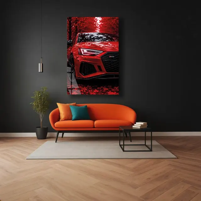 Kırmızı Audi RS5 Sonbahar Cam Tablo