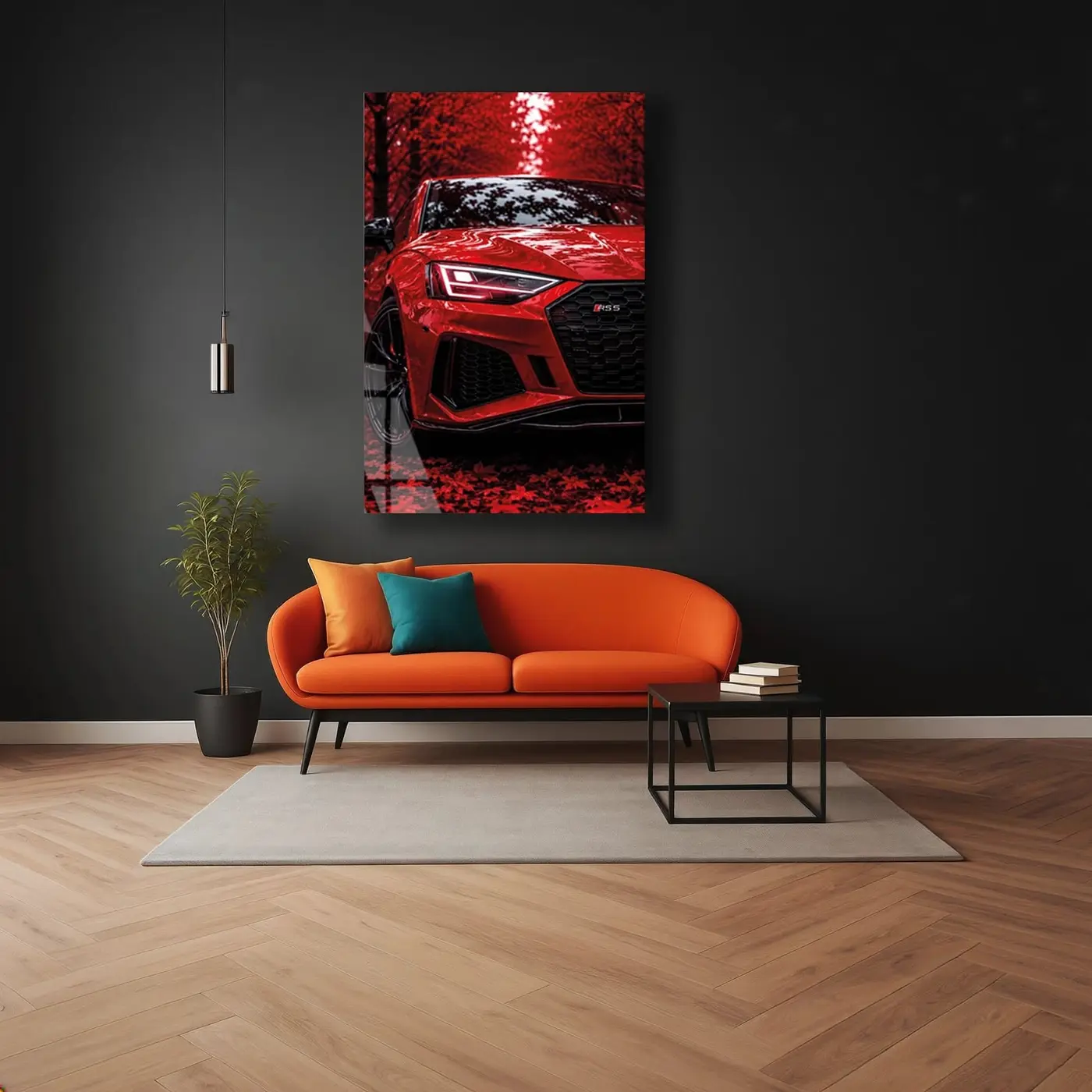 Kırmızı Audi RS5 Sonbahar Cam Tablo