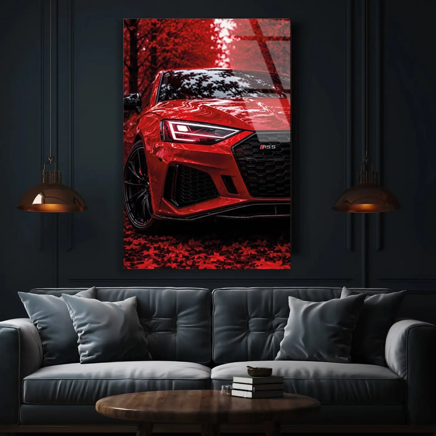 Kırmızı Audi RS5 Sonbahar Cam Tablo