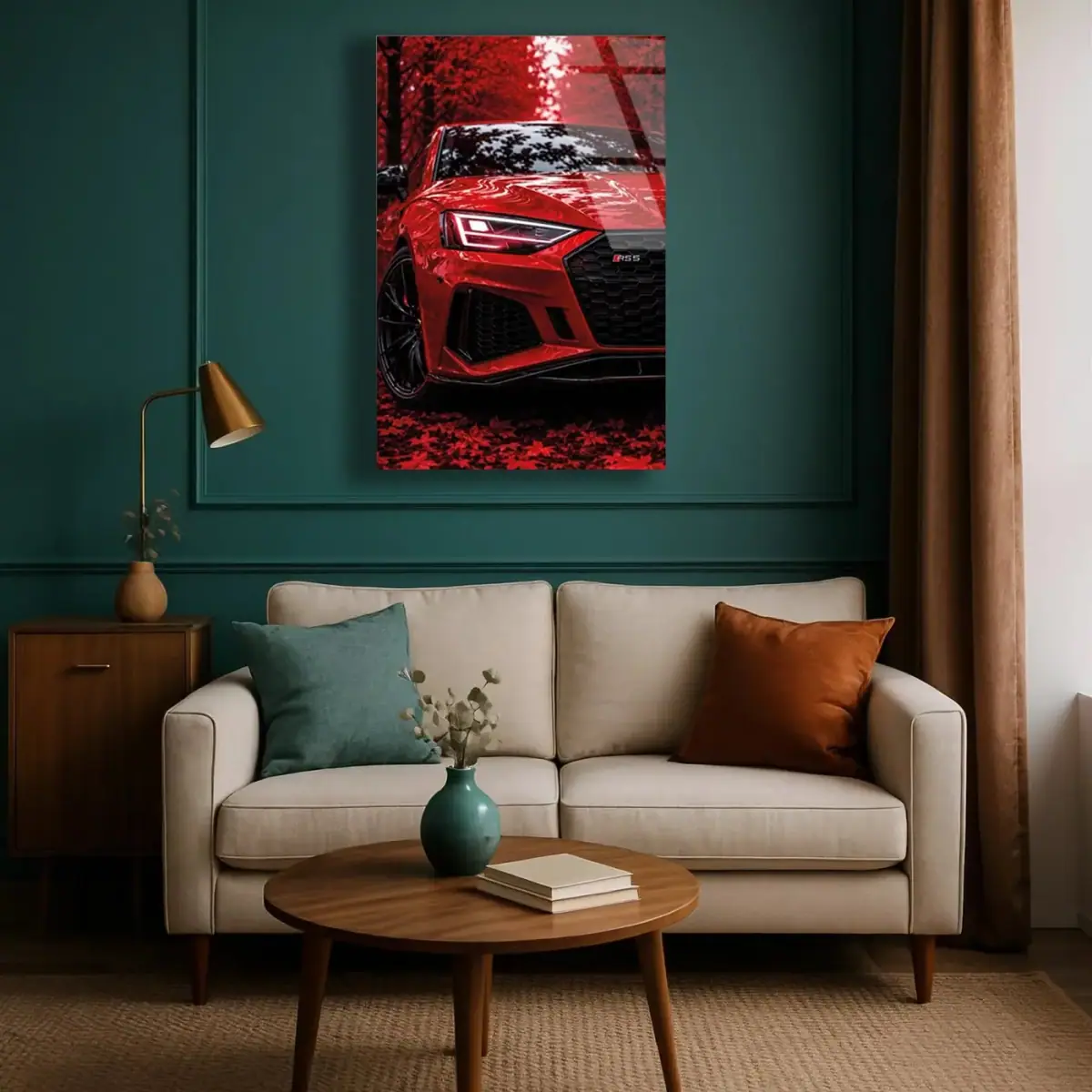 Kırmızı Audi RS5 Sonbahar Cam Tablo