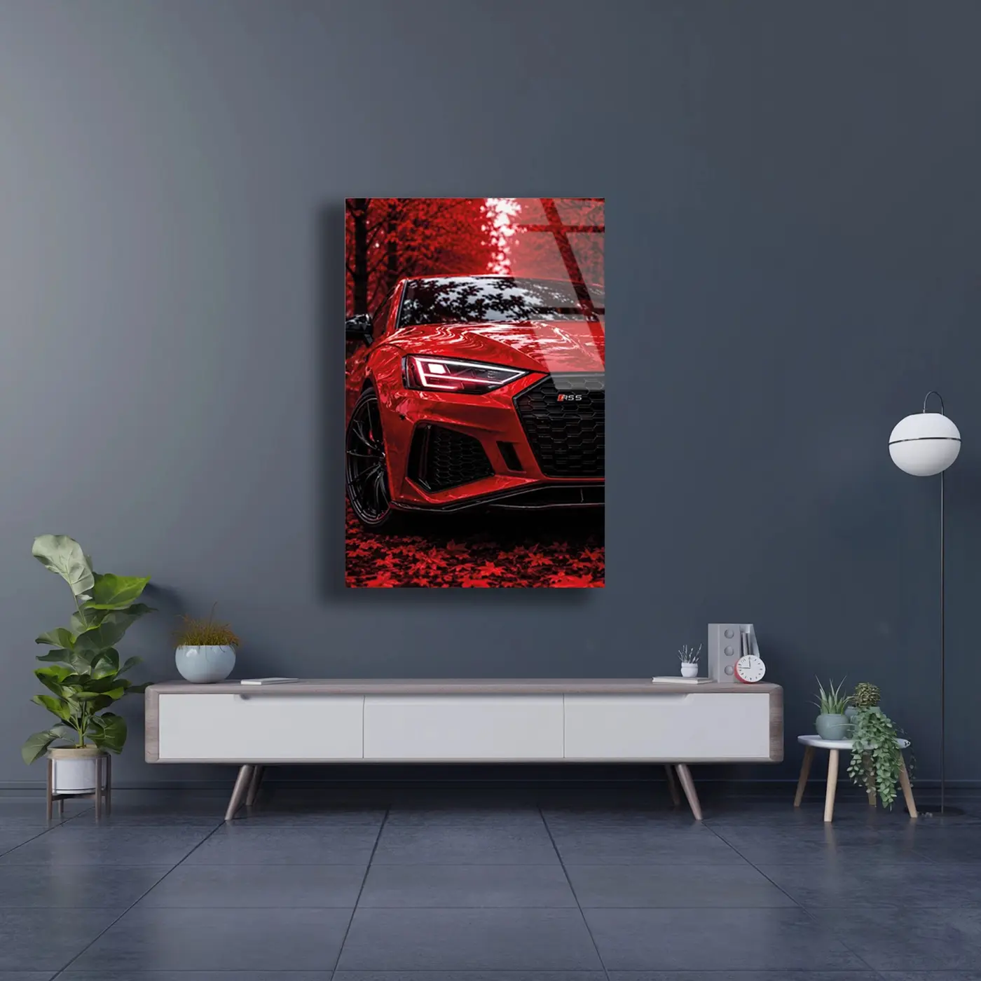 Kırmızı Audi RS5 Sonbahar Cam Tablo