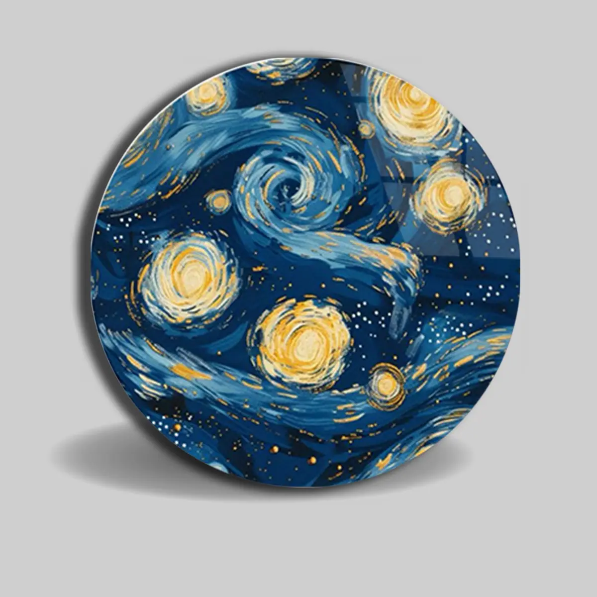 Yıldızlı Gece Esintili Mavi Spiral Yuvarlak Cam Tablo
