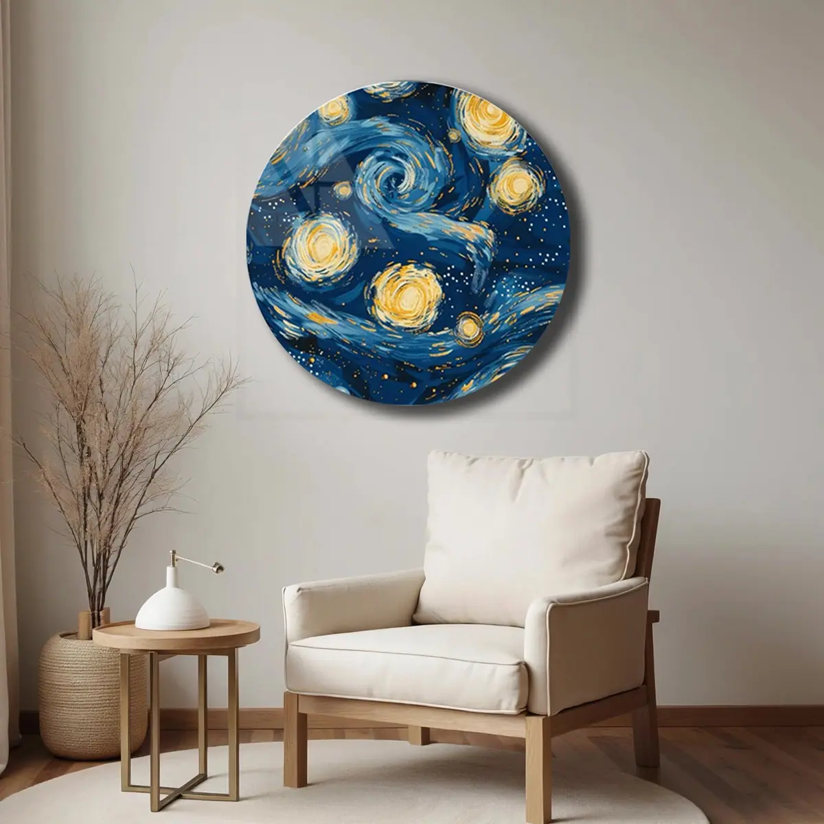 Yıldızlı Gece Esintili Mavi Spiral Yuvarlak Cam Tablo