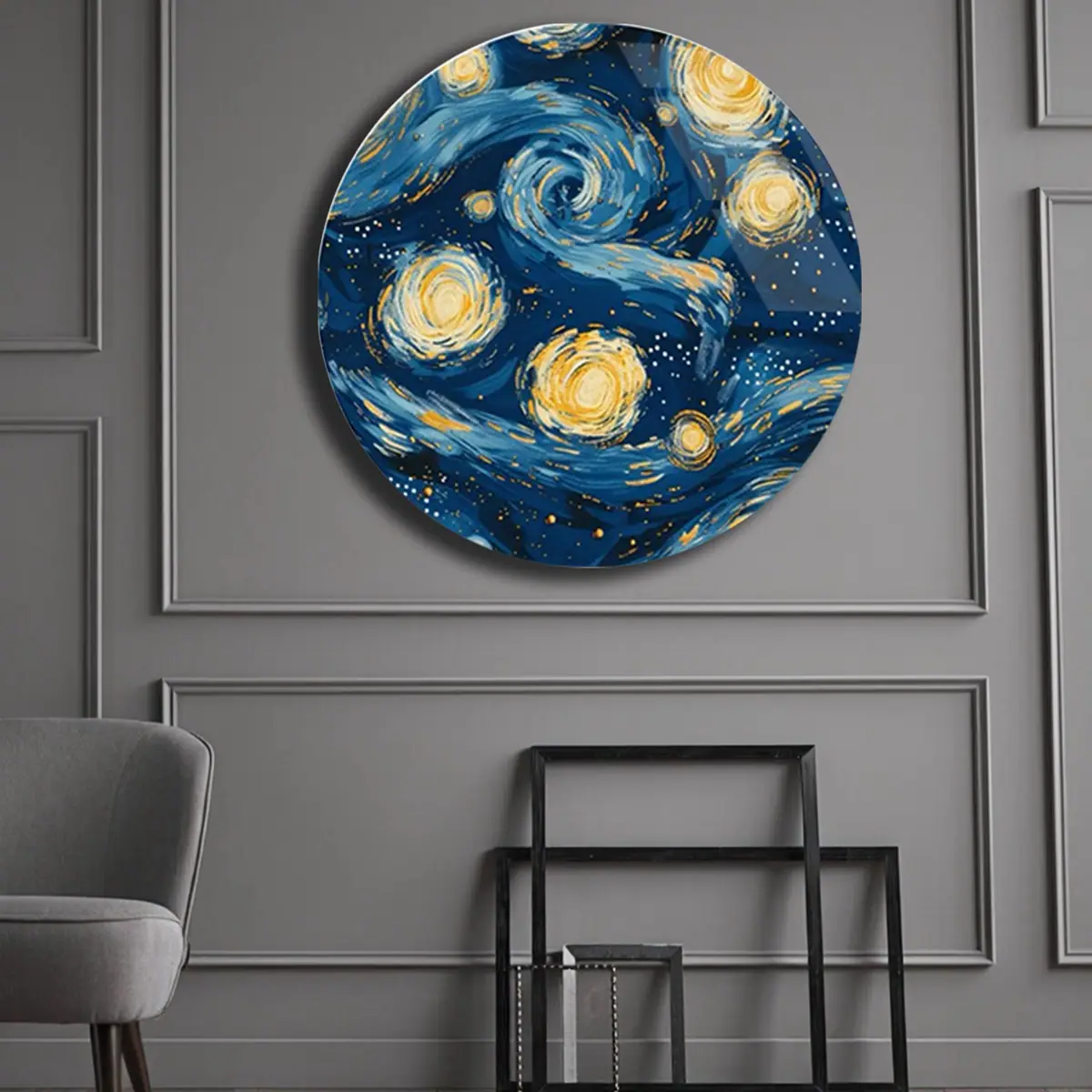 Yıldızlı Gece Esintili Mavi Spiral Yuvarlak Cam Tablo