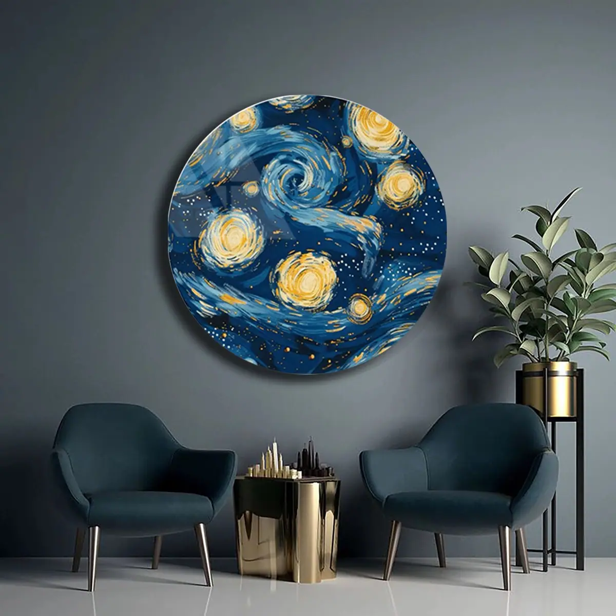 Yıldızlı Gece Esintili Mavi Spiral Yuvarlak Cam Tablo