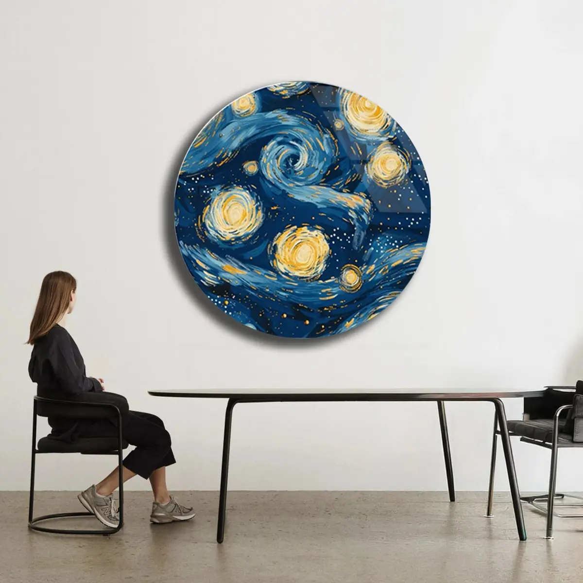 Yıldızlı Gece Esintili Mavi Spiral Yuvarlak Cam Tablo