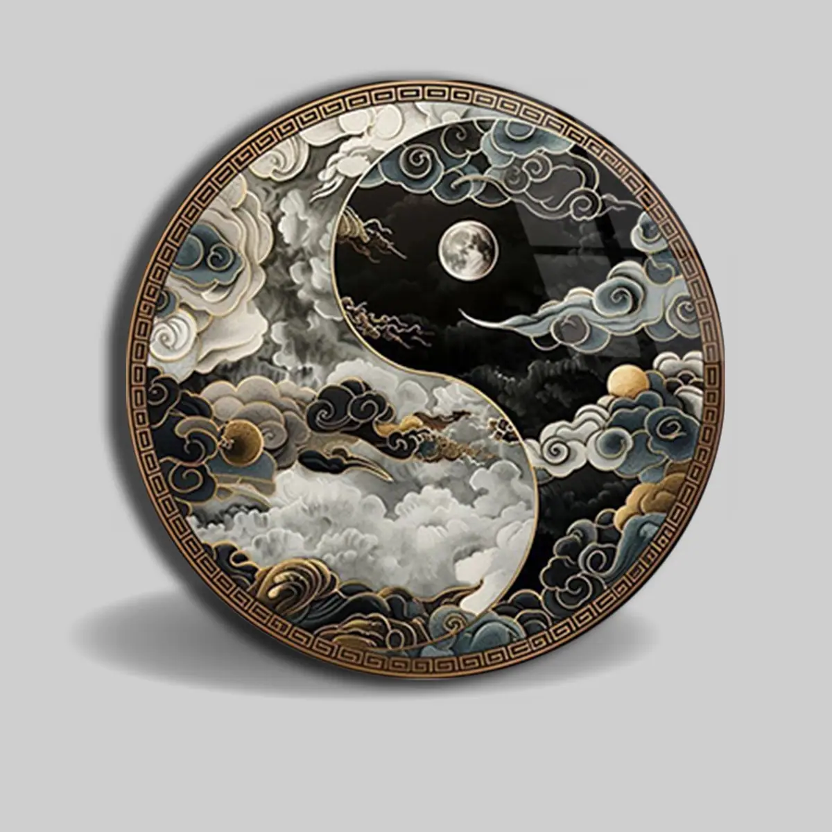 Yin Yang Bulut Desenli Ay Figürlü Yuvarlak Cam Tablo