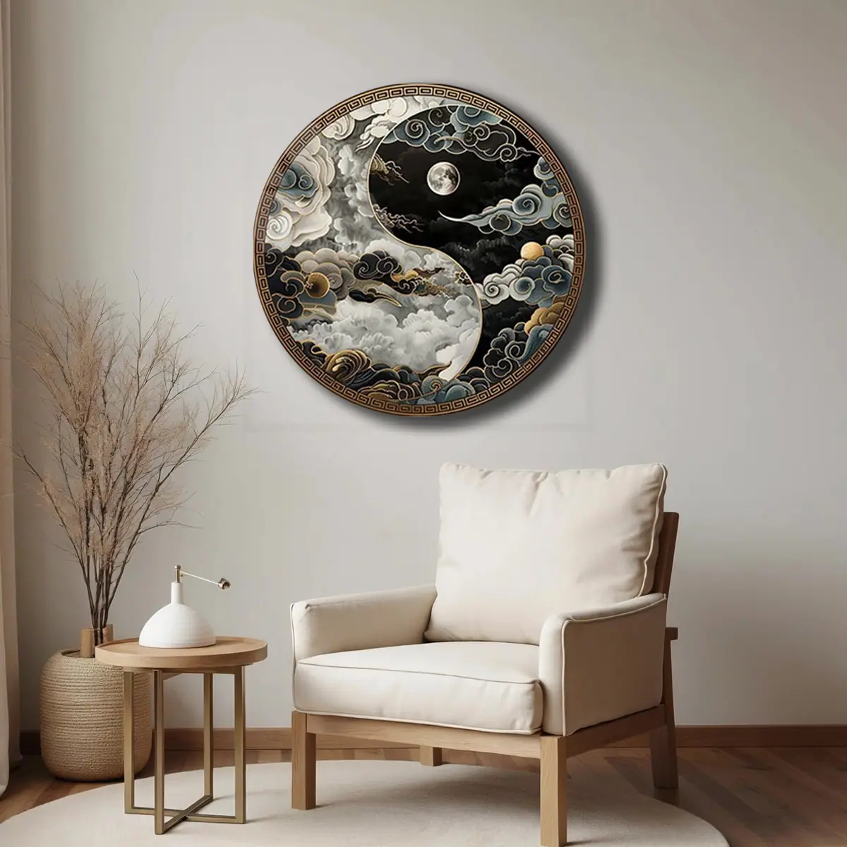 Yin Yang Bulut Desenli Ay Figürlü Yuvarlak Cam Tablo