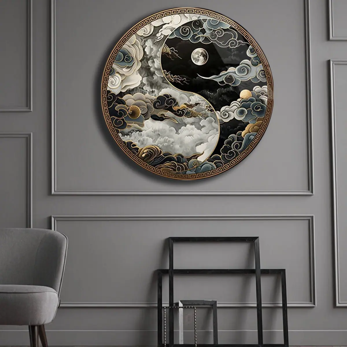 Yin Yang Bulut Desenli Ay Figürlü Yuvarlak Cam Tablo