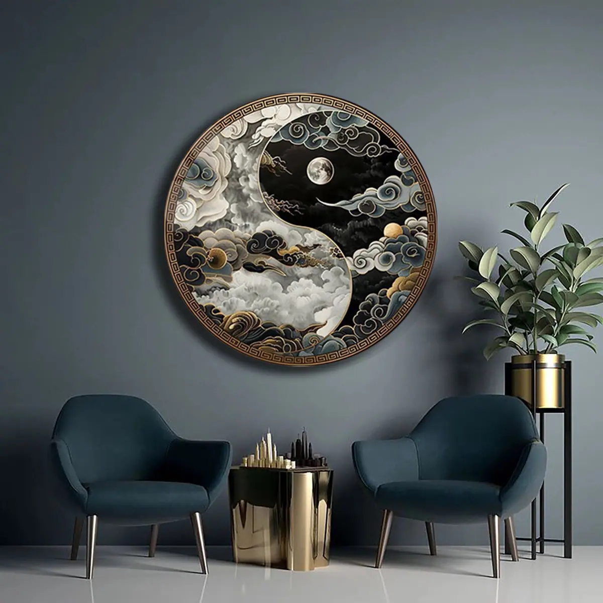 Yin Yang Bulut Desenli Ay Figürlü Yuvarlak Cam Tablo