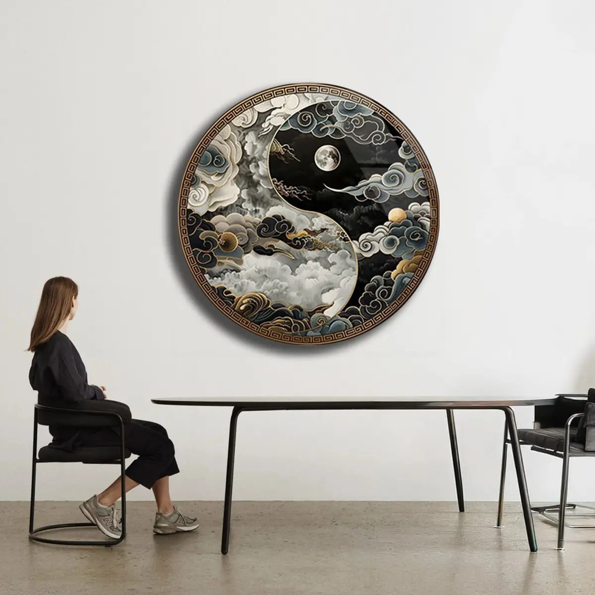 Yin Yang Bulut Desenli Ay Figürlü Yuvarlak Cam Tablo