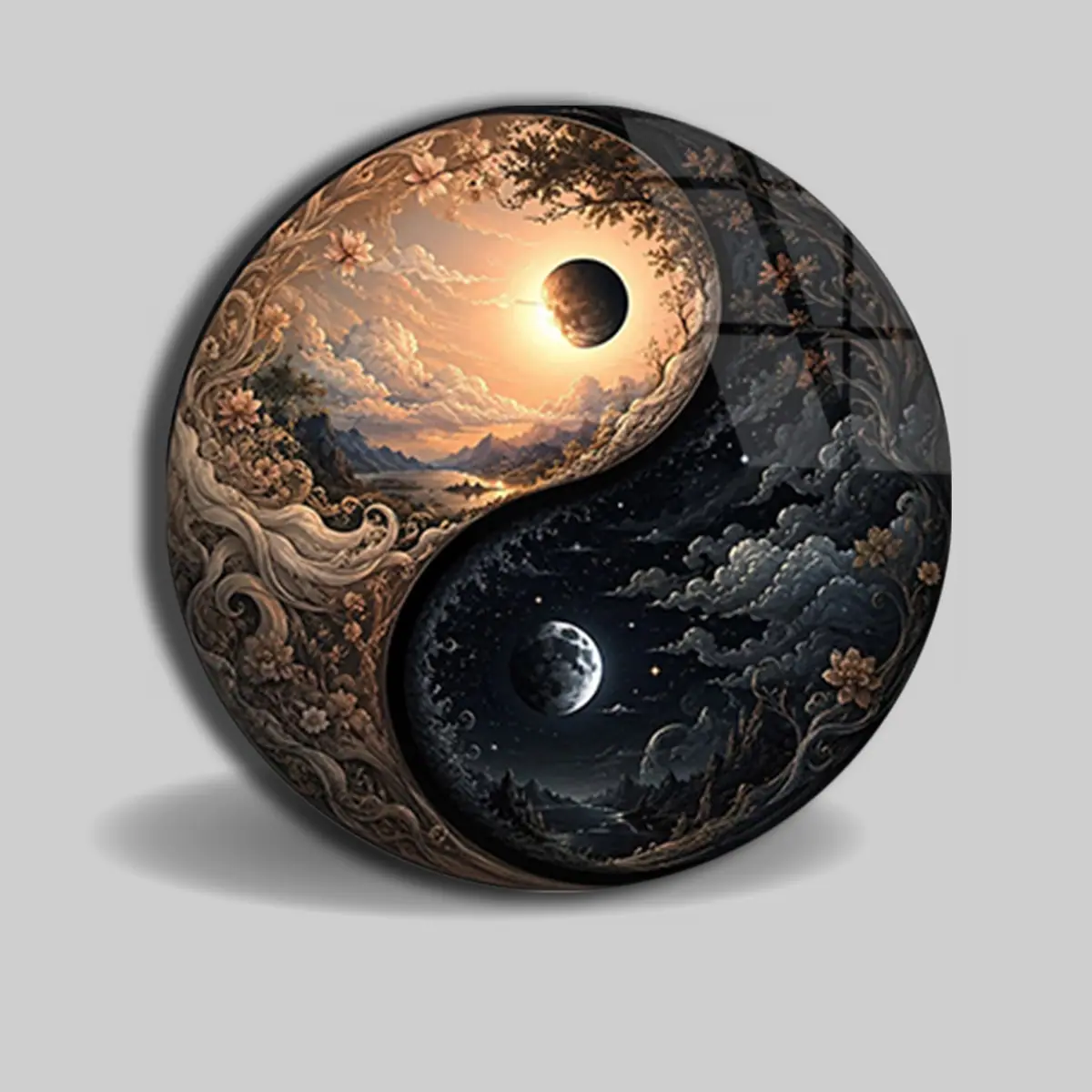 Gündüz Gece Fantastik Yin Yang Yuvarlak Cam Tablo