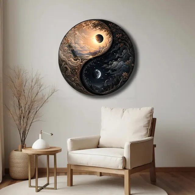 Gündüz Gece Fantastik Yin Yang Yuvarlak Cam Tablo