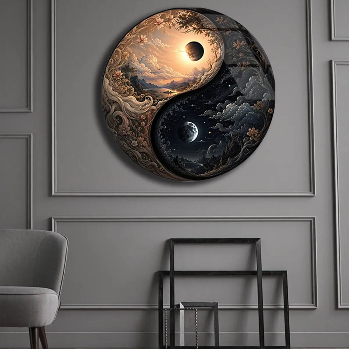 Gündüz Gece Fantastik Yin Yang Yuvarlak Cam Tablo